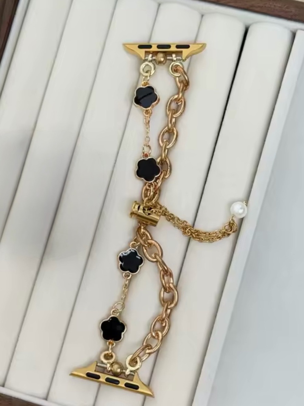 Gold-Tone Link Bracelet Apple Watch Band with Black Clover 38-49mm